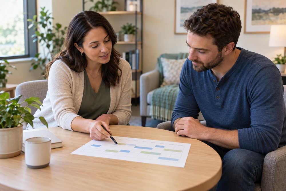 Counselor and adult client reviewing a weekly treatment schedule in an outpatient office